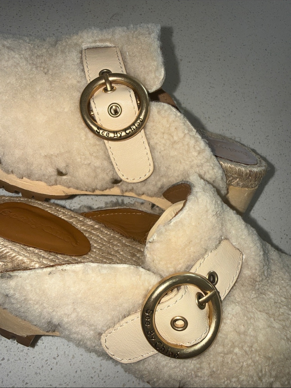 See By Chloe Kids Cream Faux-Shearling Slip-On Clogs with Gold Ring - Picture 9 of 9
